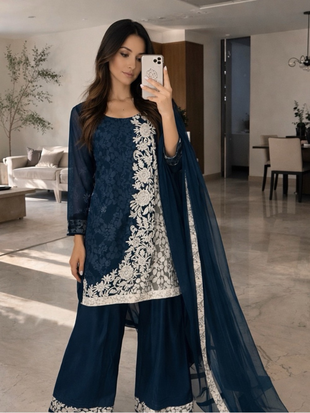 Elegant emerald green and White Embroidered 3 piece Indian outfit shalwar kameez